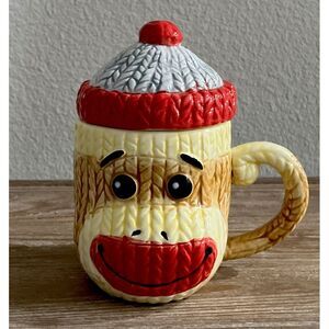 Vintage‎ Sock Monkey Mug w/Lid Ceramic Cable-Knit Texture Collectible Coffee Cup